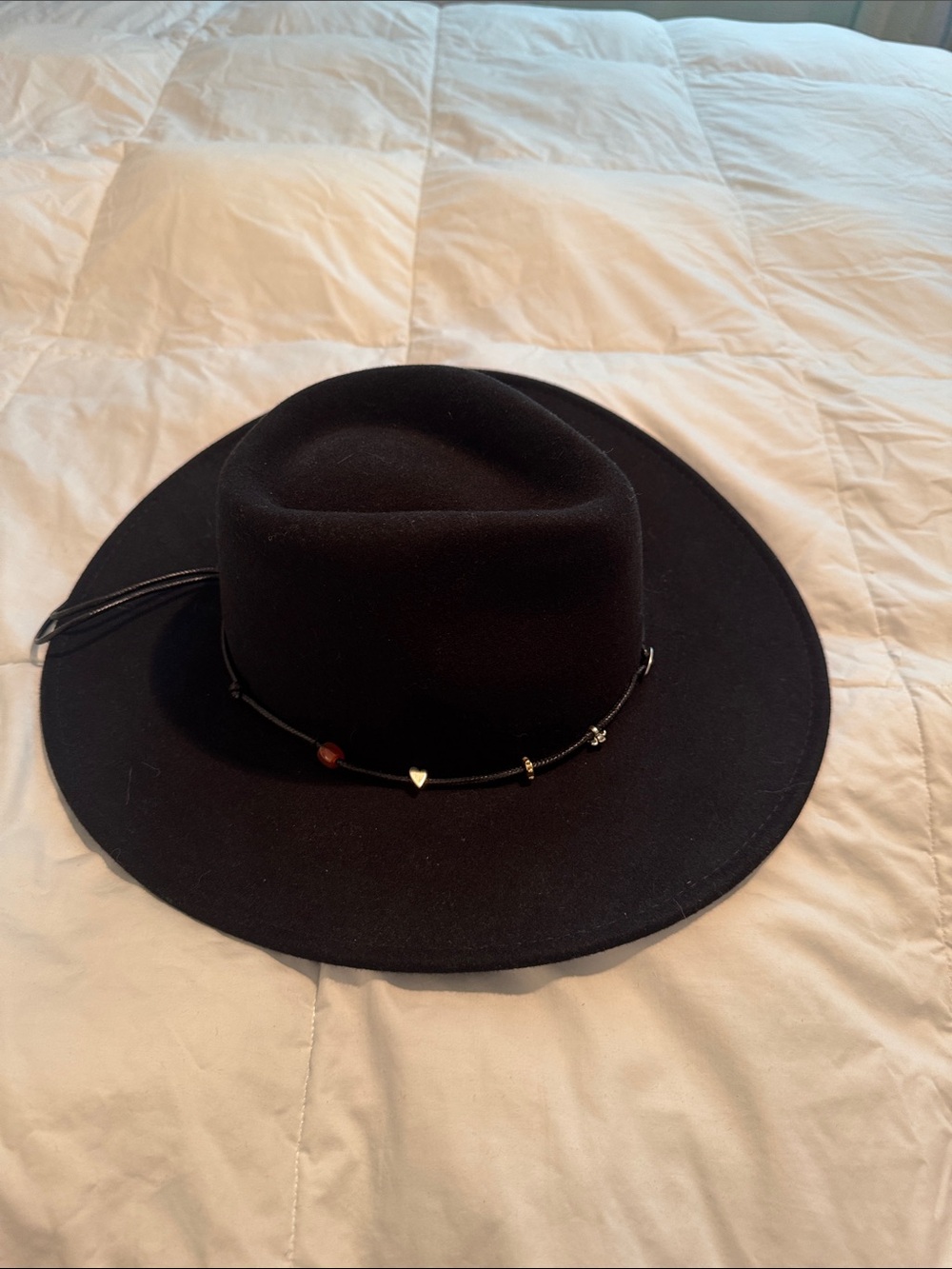 Johnny Was Black Wide-Brim Wool Western Hat with Beaded Hat Band, NWOT
